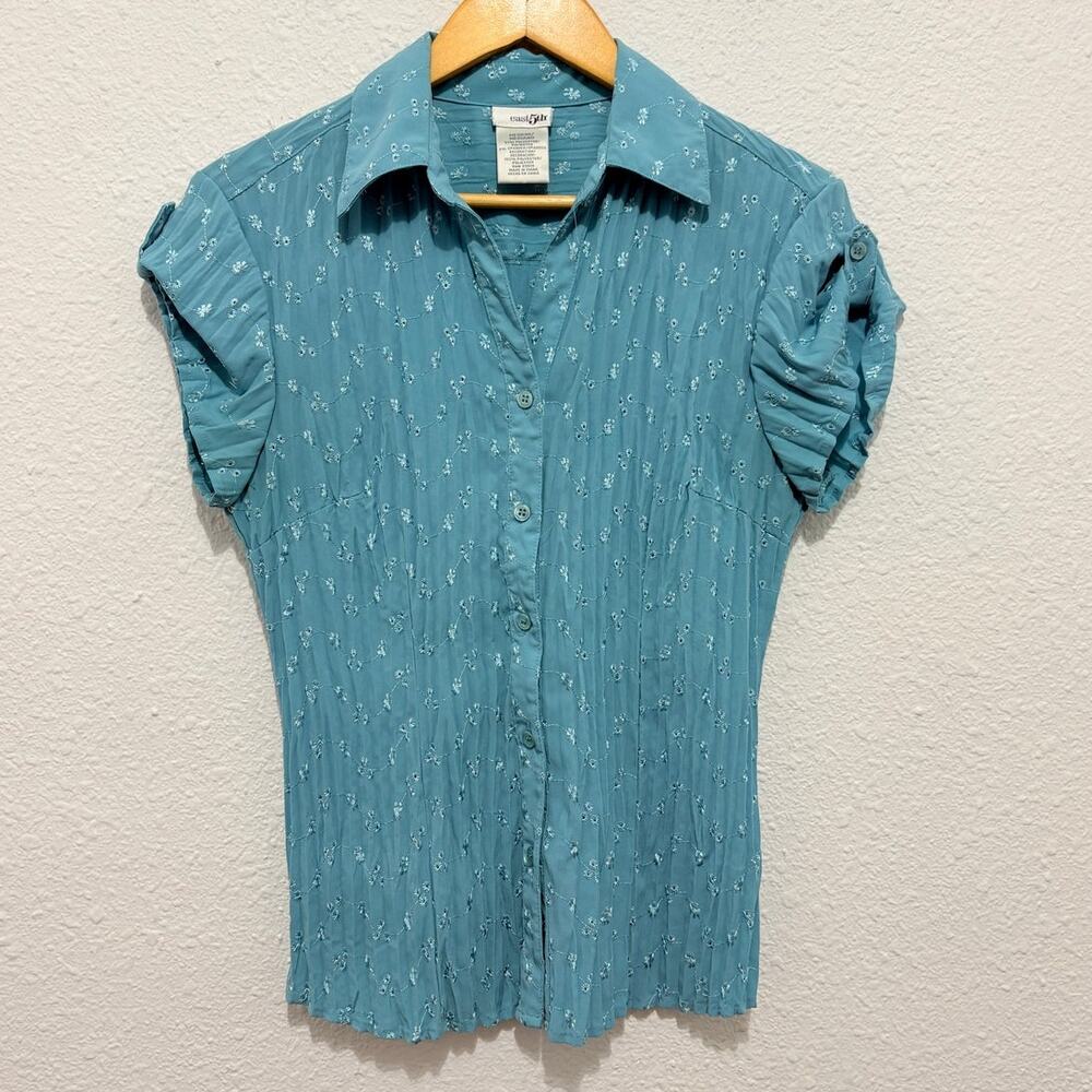 Turquoise Short Sleeve Button Down Shirt Fairy Cottage Twee Floral Pleated